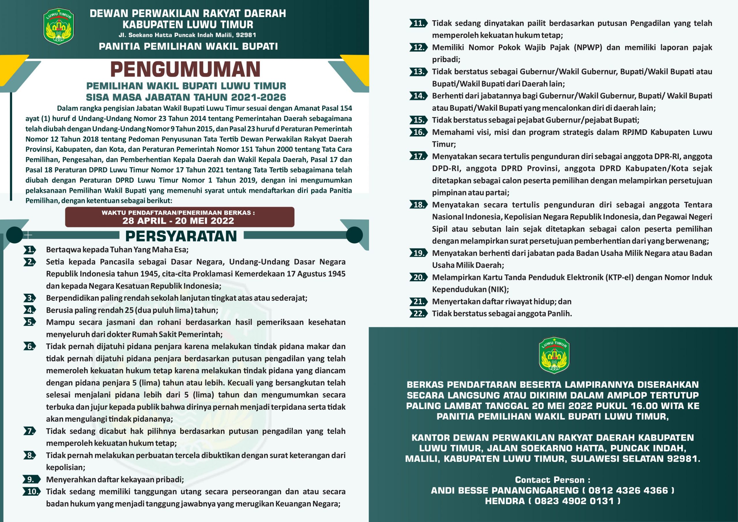 informasi pengumuman pendaftaran calon wakil bupati luwu timur.