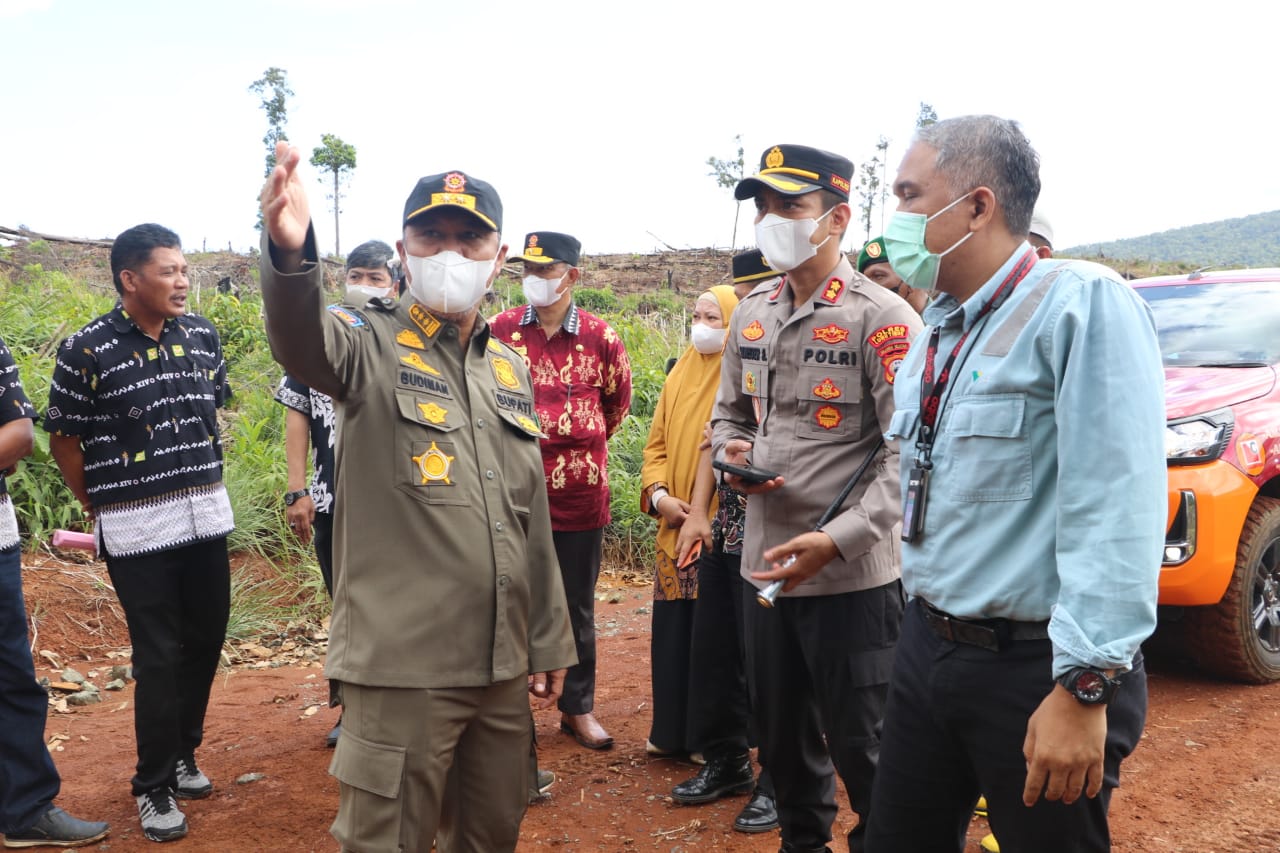 Bupati Luwu Timur H.Budiman meninjau Eks Lahan Kompensasi DAM Karebbe yang berada di Dusun Laoli, Desa Harapan, Kecamatan Malili, Kamis (20/04/2022).