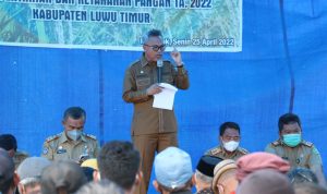 Bupati Budiman saat membuka kegiatan tudang sipulung Dinas Pertanian dan Ketahanan Pangan yang berlangsung di Desa Non Blok, Kecamatan Kalaena, Senin (25/04/2022).