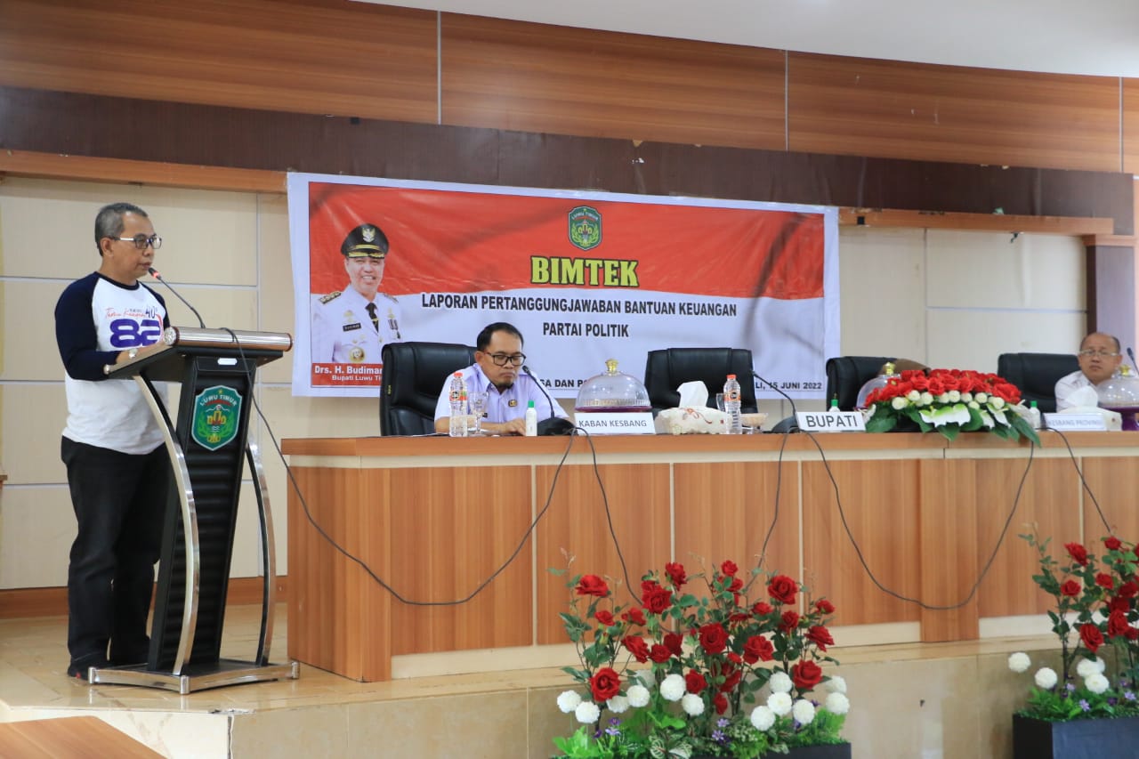 Bimbingan Teknis (Bimtek) Laporan Pertanggungjawaban (LPJ) Bantuan Keuangan Partai Politik yang digelar oleh Pemkab.Luwu Timur Melalui Badan Kesatuan Bangsa dan Politik (Kesbangpol) di aula Sasana Praja Kantor Bupati Luwu Timur, Rabu (15/06/2022).