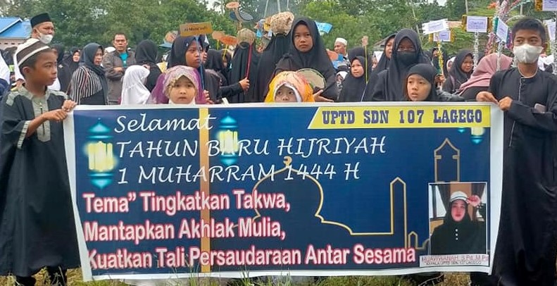 UPTD SDN 107 Lagego Kecamatan Burau Kabupaten Luwu Timur ikut berpartisipasi pada kegiatan pawai dalam rangka memperingati tahun Baru Islam 1 Muharram 1444 Hijriyah 2022, Sabtu (30/07/2022), tingkat Kecamatan Burau.